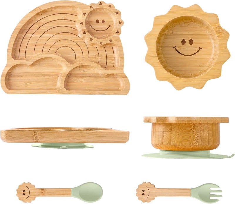 MingHoYo Bamboo Suction Plates Bowls Set for Baby Toddler - Includes Bamboo Bowl, Divided Plate, Silicone Fork & Spoon, All-Natural Baby Feeding Set for Baby-Led Weaning - Image 1